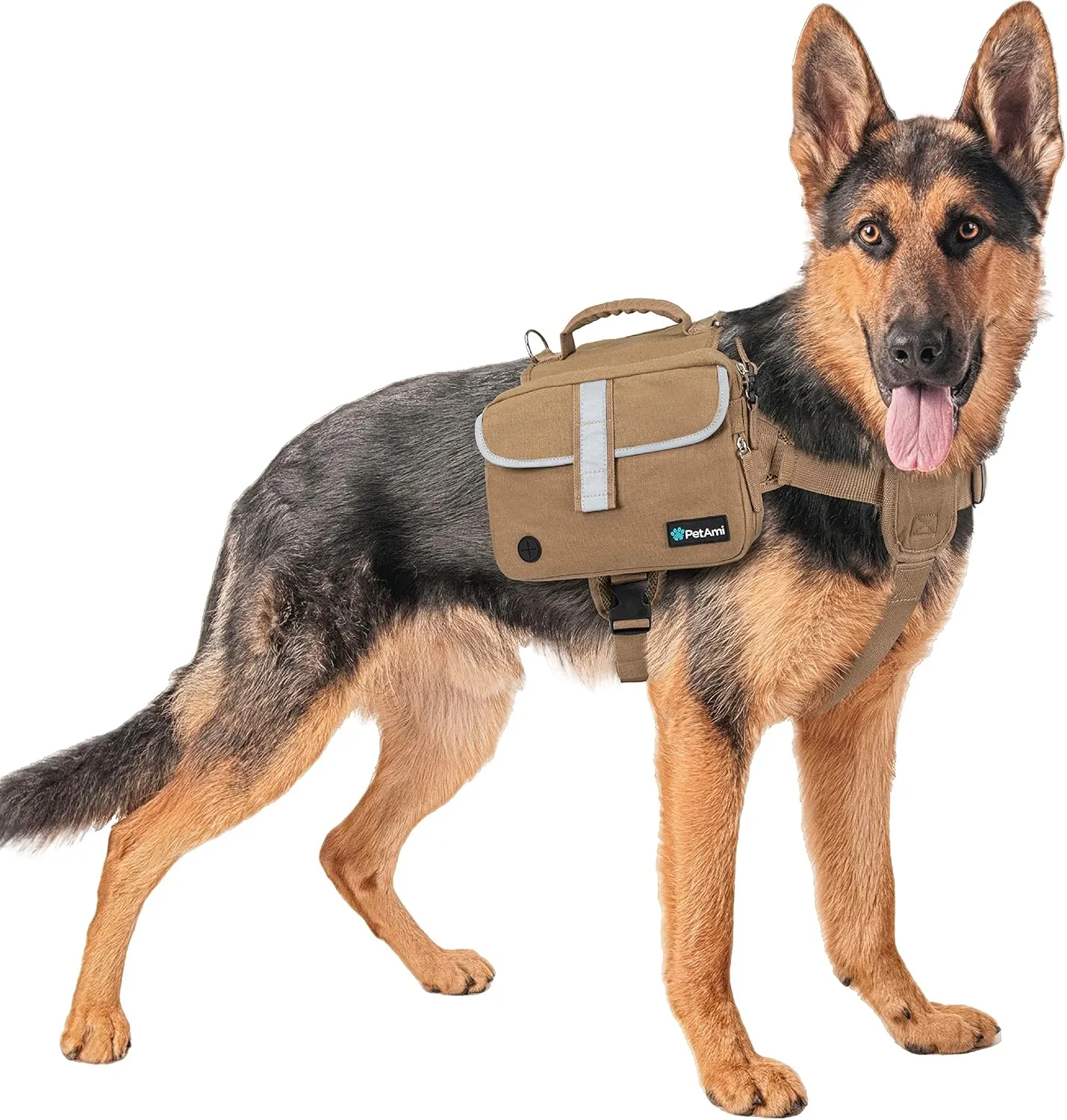 PetAmi Dog Backpack for Medium Large Dogs, Dog Saddle Bag for Dogs to Wear, Tactical Harness Saddlebag with Reflective Safety Side Pockets for Hiking, Camping, Vest Dog Pack for Travel (Tan, Medium)