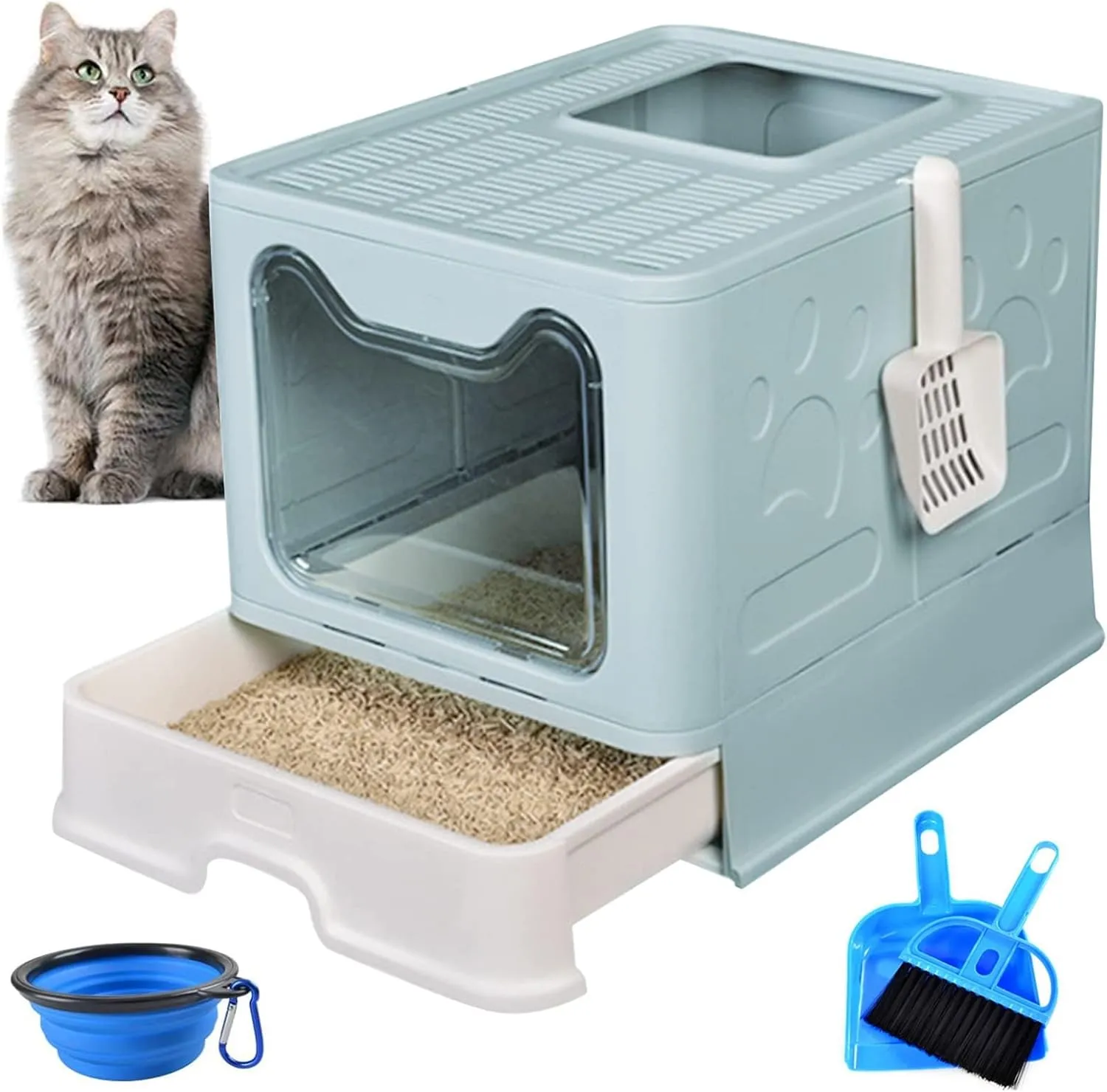 PINVNBY Large Foldable Cat Litter Box with Drawer Enclosed Cat Potty Tray with Lid Top Entry Toilet Anti-Splashing Cat Supplies with Plastic Scoop Easy Clean No Smell Kitty Toilet (Blue)