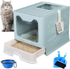PINVNBY Large Foldable Cat Litter Box with Drawer Enclosed Cat Potty Tray with Lid Top Entry Toilet Anti-Splashing Cat Supplies with Plastic Scoop Easy Clean No Smell Kitty Toilet (Blue)