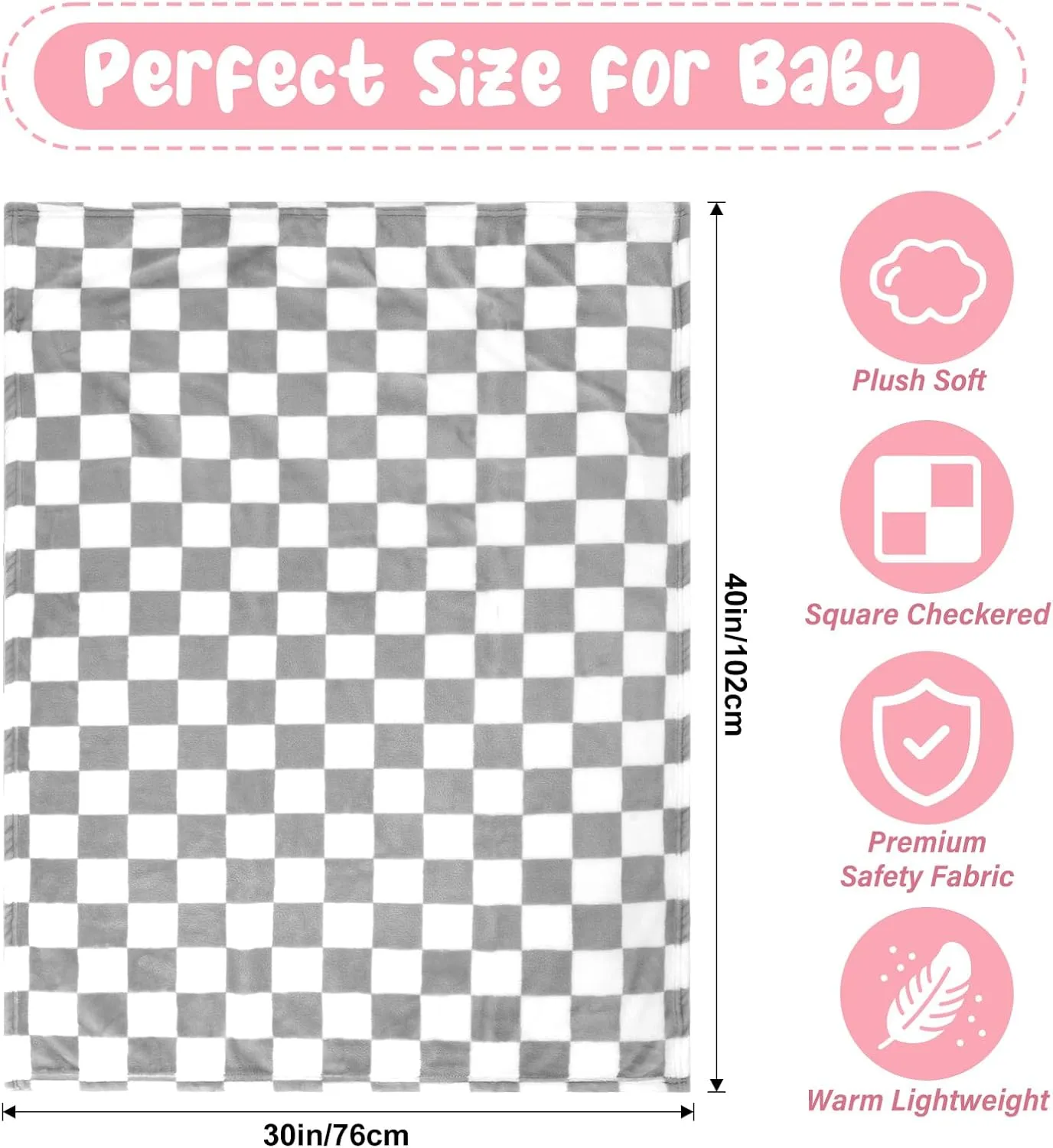 Plush Checkered Baby Blanket for Boys Girls Nursery, 30"*40" Warm Short Fleece Blanket Neutral for Infant Newborn, Small Fuzzy for Sleeping, Chenille or Stroller (Gray&White)