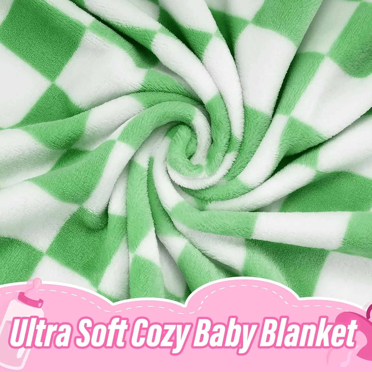 Plush Checkered Baby Blanket for Boys Girls Nursery, 30"*40" Warm Short Fleece Blanket Neutral for Infant Newborn, Small Fuzzy for Sleeping, Chenille or Stroller (Green&White)
