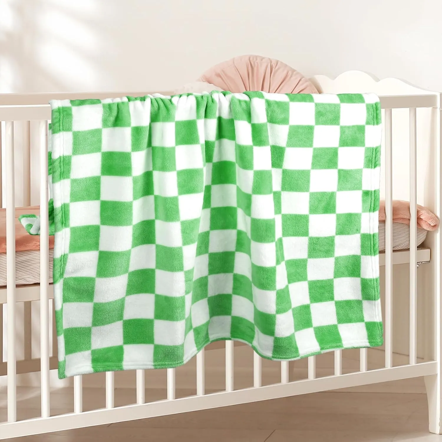 Plush Checkered Baby Blanket for Boys Girls Nursery, 30"*40" Warm Short Fleece Blanket Neutral for Infant Newborn, Small Fuzzy for Sleeping, Chenille or Stroller (Green&White)