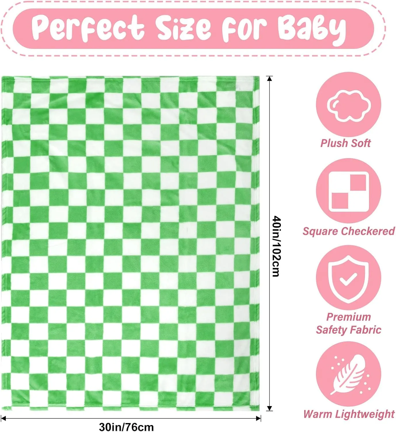 Plush Checkered Baby Blanket for Boys Girls Nursery, 30"*40" Warm Short Fleece Blanket Neutral for Infant Newborn, Small Fuzzy for Sleeping, Chenille or Stroller (Green&White)