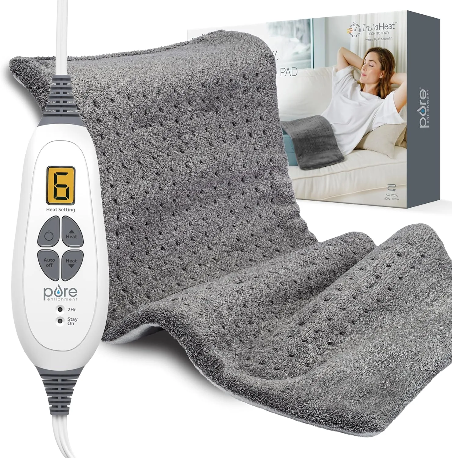 Pure Enrichment PureRelief XL Heating Pad - 12" x 24" Electric Heating Pad for Back Pain & Cramps, 6 Heat Settings, FSA/HSA Eligible, Soft Machine Wash Fabric, Auto-Off & Moist Heat (Charcoal Gray)