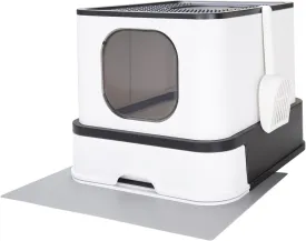 RIZZARI Foldable Cat Litter Box, Large Top Entry Anti-Splashing Litter Box with Lid, Enclosed Plastic Litter Pan with Handy Litter Scoop, Drawer Type Cat Toilet (Carbon Black)