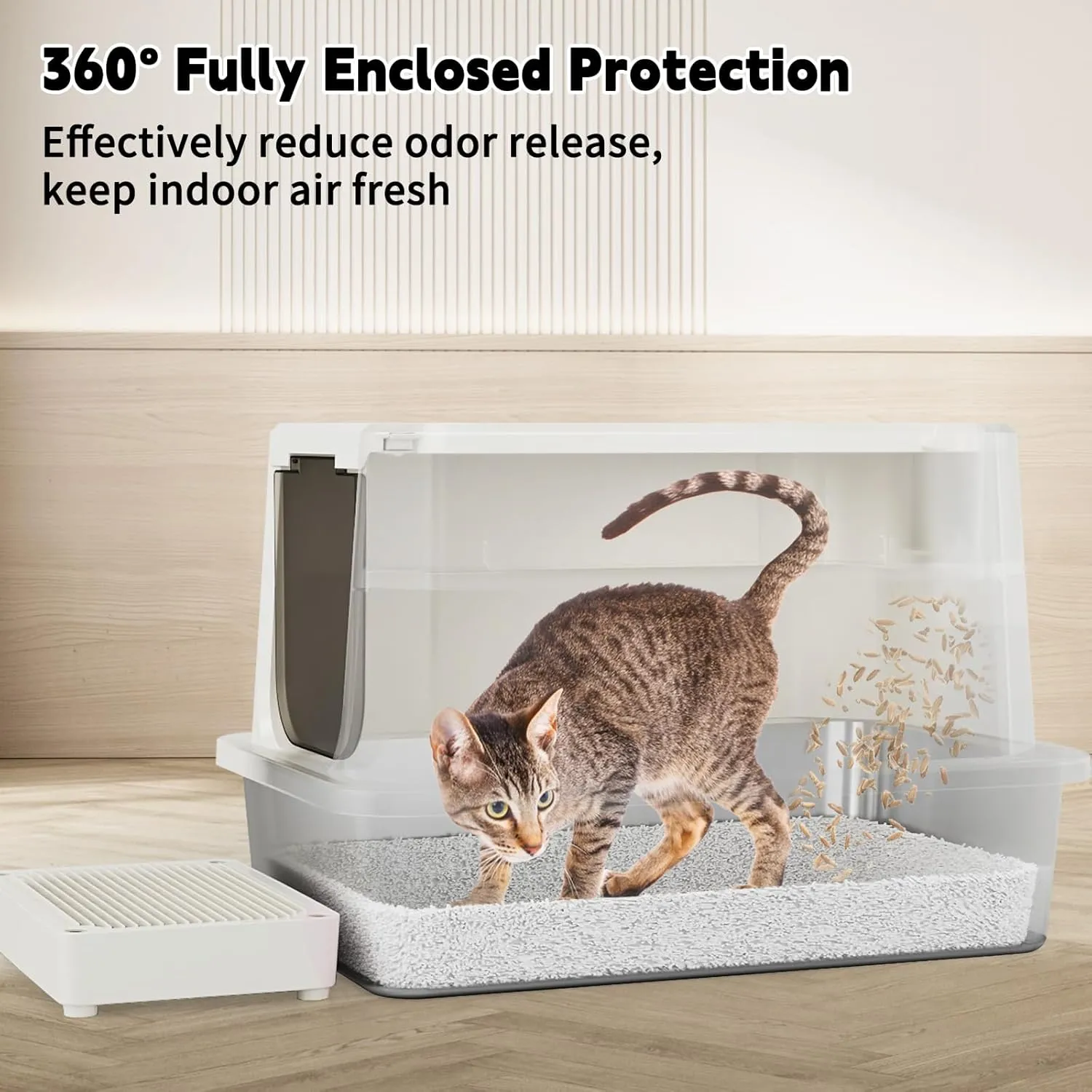 RIZZARI Stainless Steel Cat Litter Box, Enclosed Top-Entry Design, Large Capacity High-Sided Leak Proof Litter Pan for Cats, Easy Clean Pet Toilet (Beige)