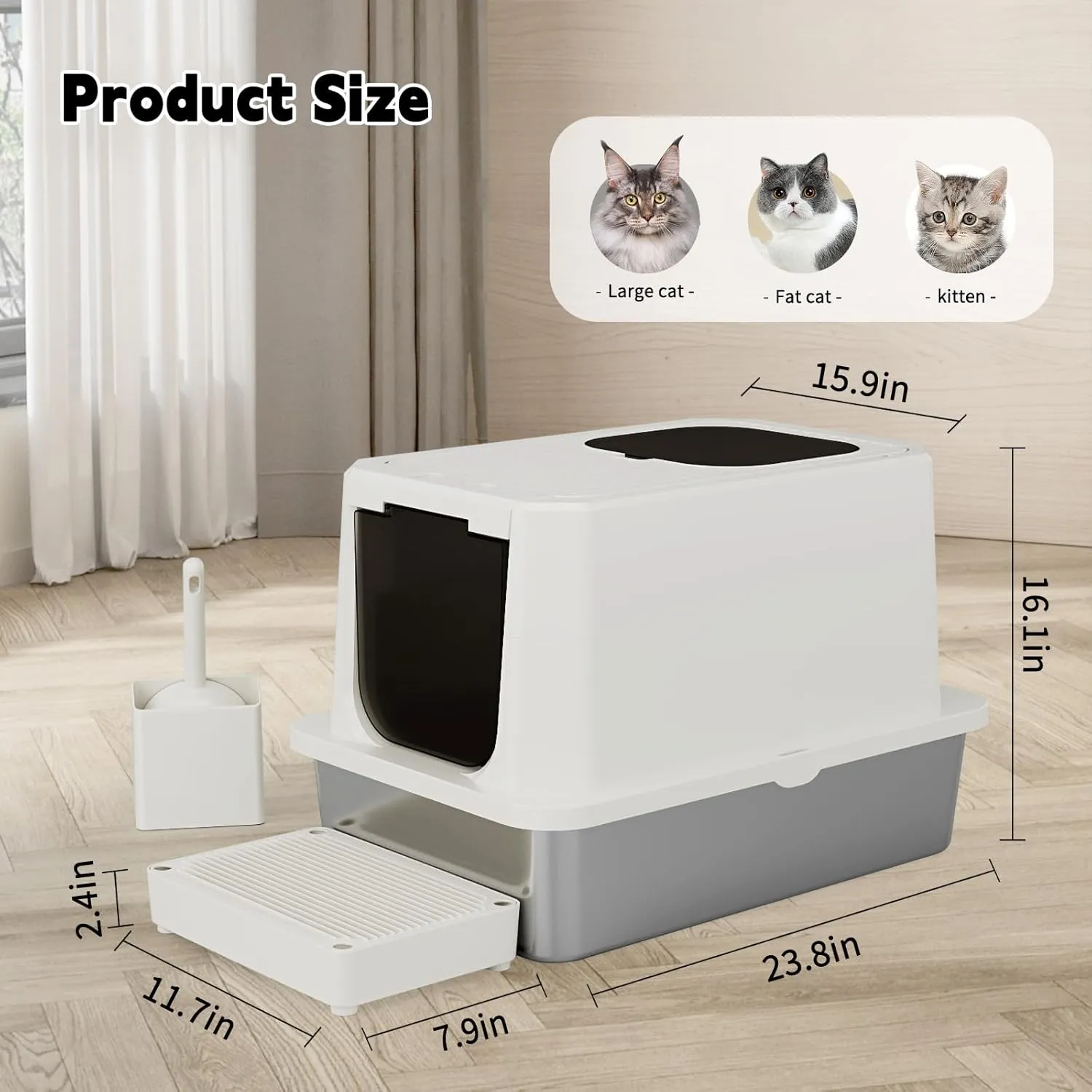 RIZZARI Stainless Steel Cat Litter Box, Enclosed Top-Entry Design, Large Capacity High-Sided Leak Proof Litter Pan for Cats, Easy Clean Pet Toilet (Beige)