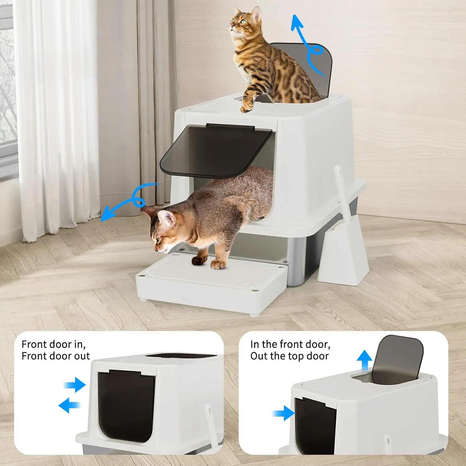 RIZZARI Stainless Steel Cat Litter Box, Enclosed Top-Entry Design, Large Capacity High-Sided Leak Proof Litter Pan for Cats, Easy Clean Pet Toilet (Beige)