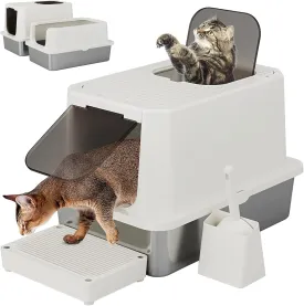 RIZZARI Stainless Steel Cat Litter Box, Enclosed Top-Entry Design, Large Capacity High-Sided Leak Proof Litter Pan for Cats, Easy Clean Pet Toilet (Beige)
