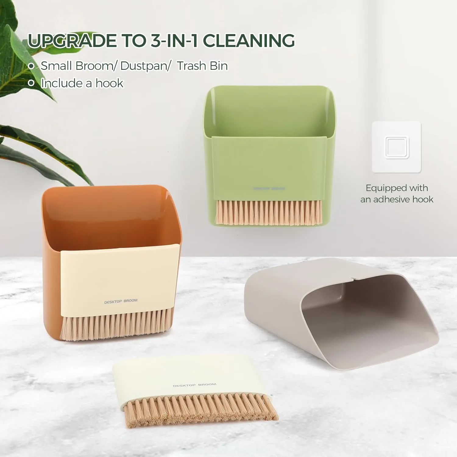 Small Broom and Dustpan Set, Portable Hand Whisk Broom Brush, Mini Hanging Trash Can, Soft Bristle Household Brooms with Dust Pan Combo Set for Cleaning Home, Desktops - 2 Pack (Green Orange)