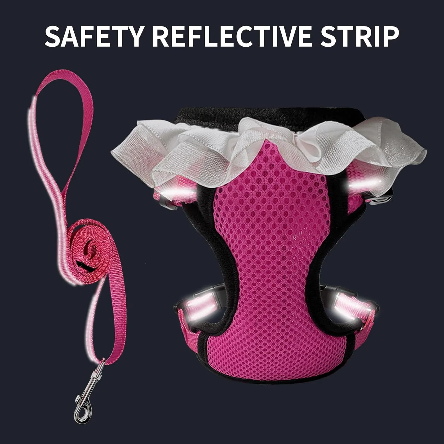 Small Dog Harness with Puppy collers Medium Size for no Pull Large cat Vest Easy Walk Kitten Leash with Handle Set Training for pet Correa para Perros Dachshund Reflective for car.(Rose red, S)