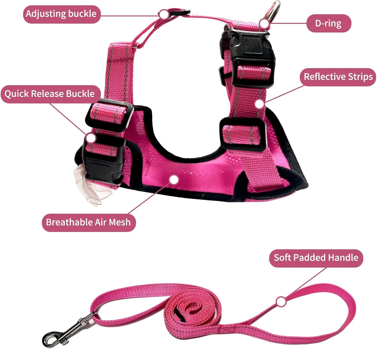 Small Dog Harness with Puppy collers Medium Size for no Pull Large cat Vest Easy Walk Kitten Leash with Handle Set Training for pet Correa para Perros Dachshund Reflective for car.(Rose red, S)