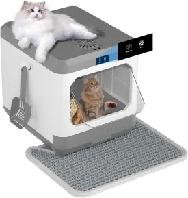 Smart Cat Litter Box, XL Large Cat Litter Box with Odor Control, 3-Speed Covered Litter Box with Lid, No Smell Electric Litter Box with Scoop, Mat, Non Leaking Kitty Litter Box for Cats
