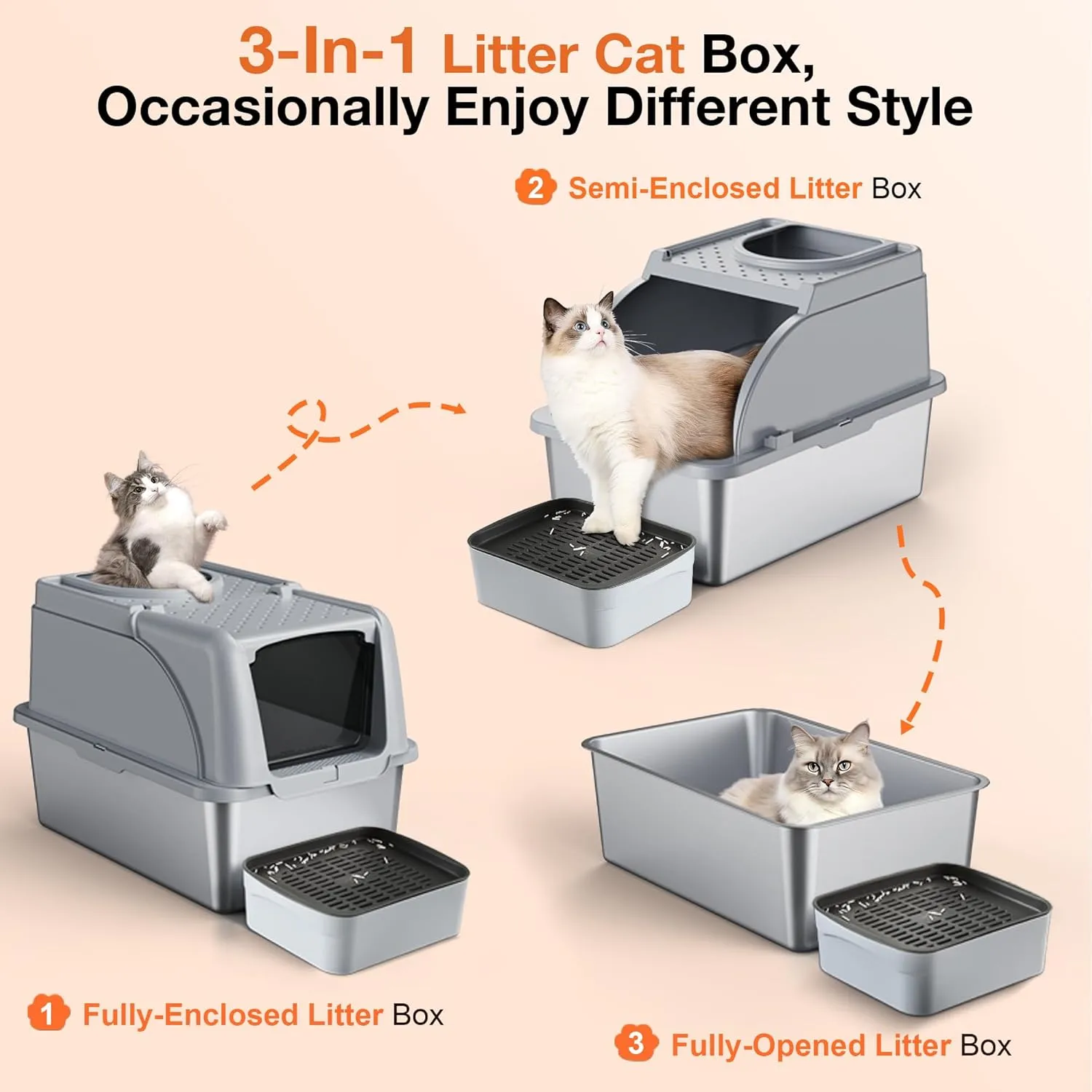 Stainless Steel Litter Box, XXL Large Metal Covered Litter Boxes, Dual Entrance Detachable Cat Litter Box with Lid, 16.6'' High Wall Urine Leak Prevention with Cat Litter Scoop (Gray)