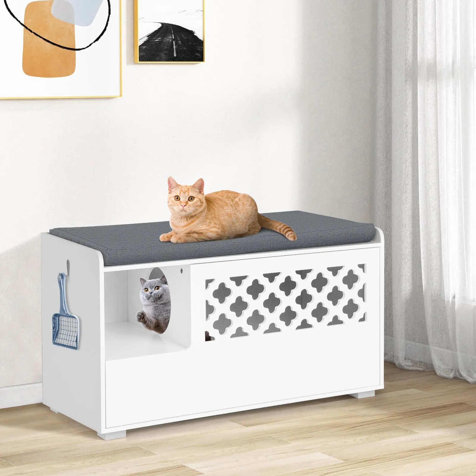 Tangkula Cat Litter Box Enclosure, Hidden Litter Box with Removable Cushion & Flip-Down Opening