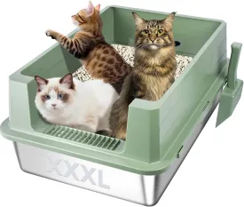 XXXL Stainless Steel Cat Litter Box with High Sides, 28"x20"x12" Extra Large Litter Box for Big Cats, Metal Cat Litter Pan, Anti-Urine Leakage, Easy Clean (Green)