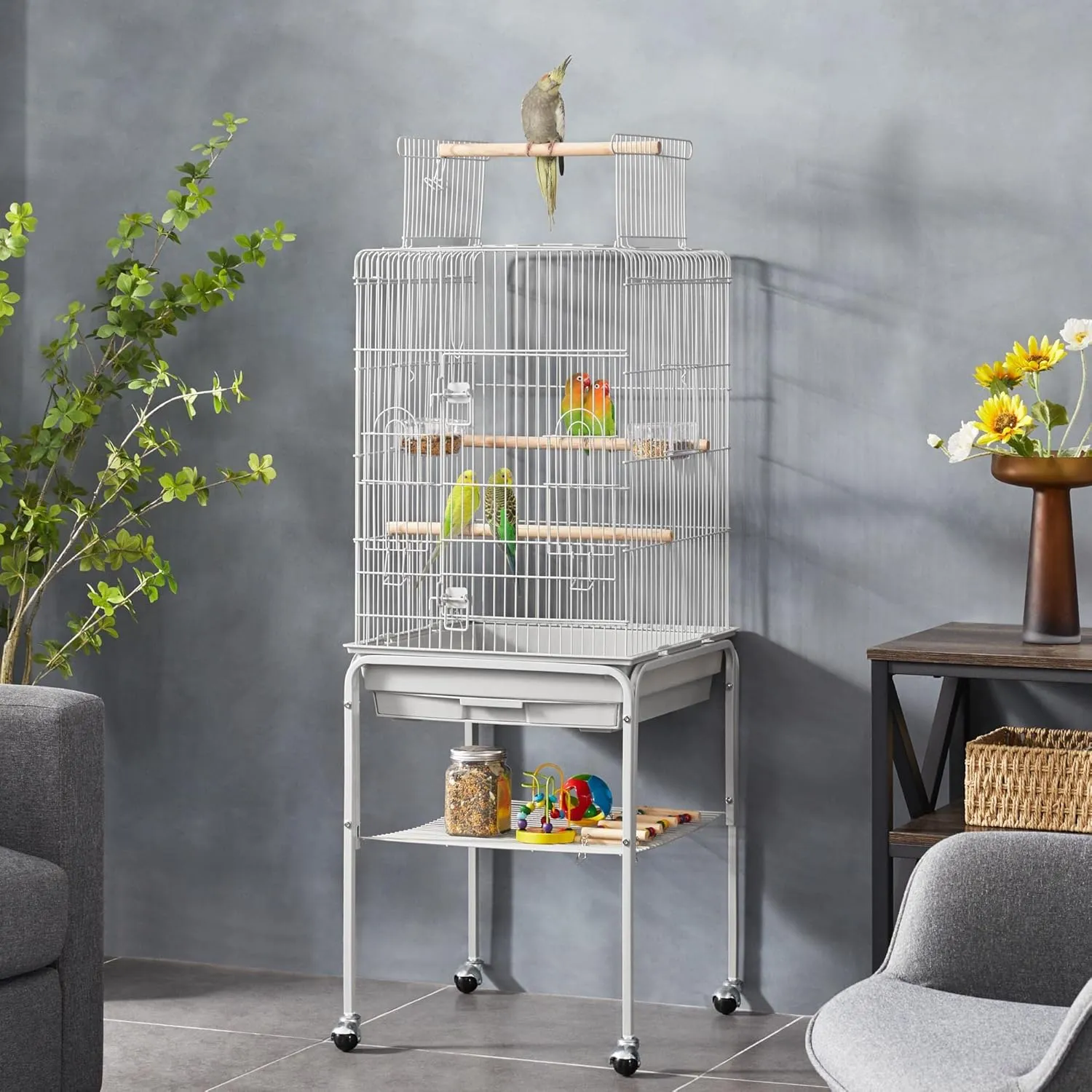 Yaheetech 53.5'' Metal Bird Cage Open Top Parrot Cage w/Stand for Parakeets Cockatiel Canary Quaker Budgies