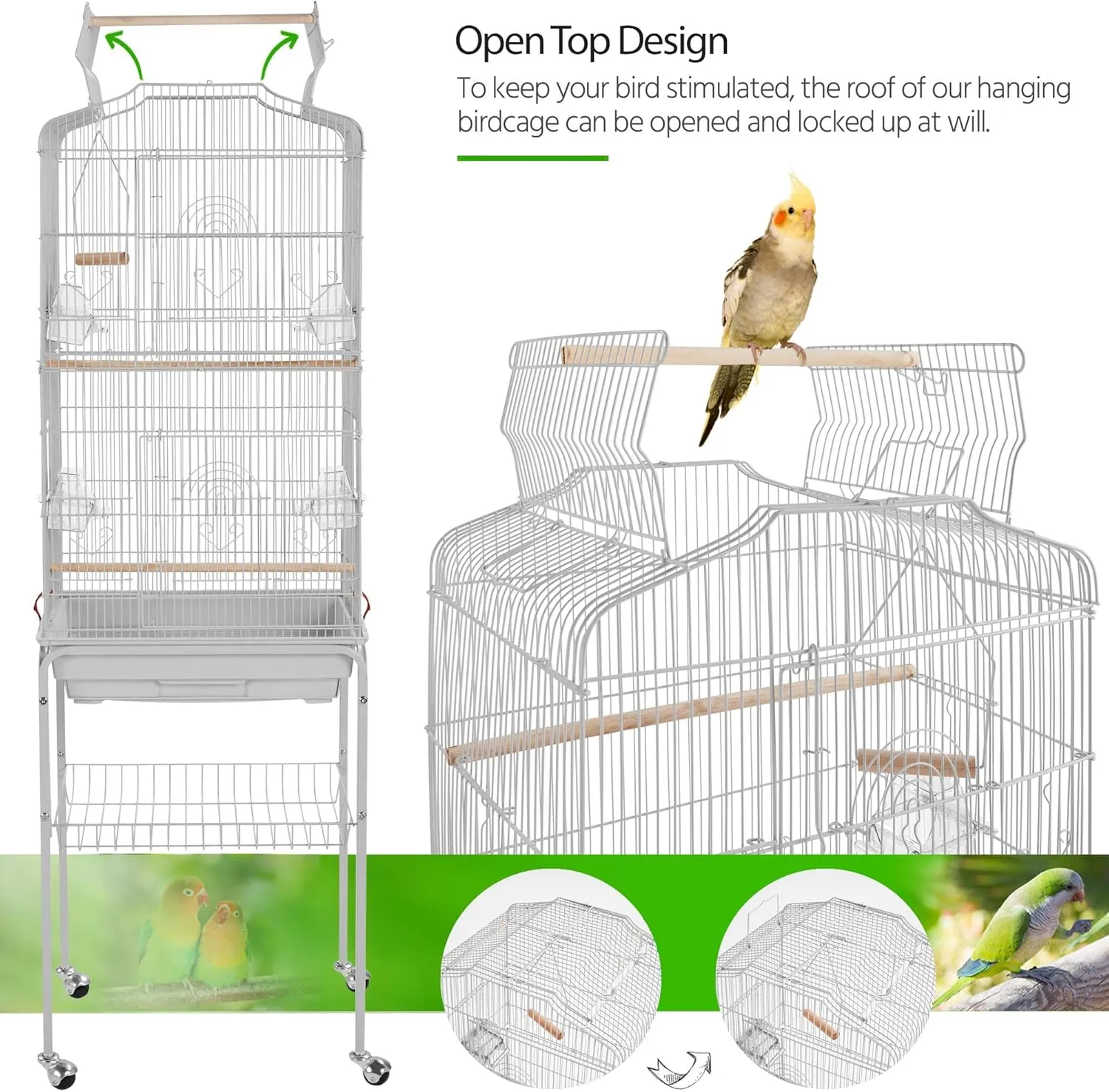 Yaheetech 64inch Height Open Top Bird Cage Metal Parrot Cage w/Detachable Rolling Stand for Medium Small Parrot Parakeet Birds