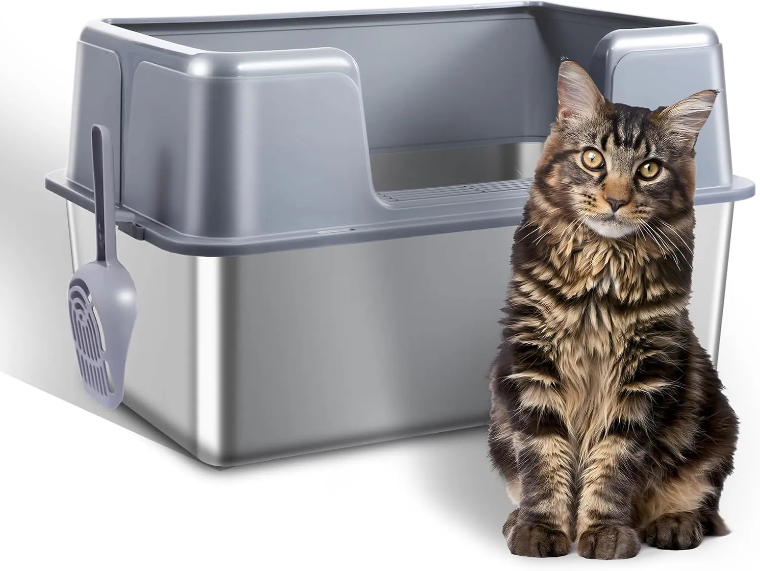 ZOZOO Stainless Steel Cat Litter Box, XL Metal Litter Tray with Lid, Extra Large Box for Big Cats and Multi-cat Family, Non-Sticky, Anti Urine Leakage, Easy Cleaning